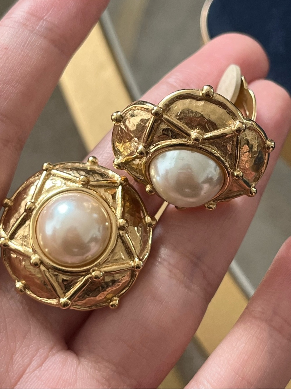 Authentic Vintage Givenchy Pearl Quilted Checkered Round Gold Clip-On Earrings